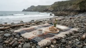 A compact travel blanket spread out for a breezy afternoon picnic on a pebble beach