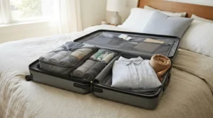 A compact travel blanket neatly organised alongside travel packing cubes in an open suitcase