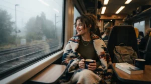 A commuter staying cozy with a compact travel blanket during a chilly morning train journey