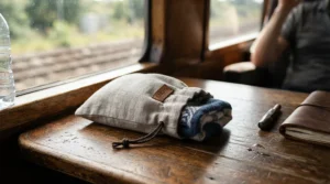 A compact travel blanket in a waterproof stuff sack resting on a wooden train seat table