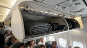 A compact travel blanket neatly rolled inside overhead carry-on luggage ready for a flight