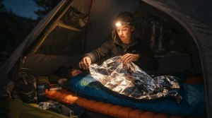 A camper using an emergency blanket for survival kit inside a pitched tent during a rainy night.