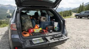 Organising an emergency blanket for survival kit inside the boot of a car alongside winter driving gear.