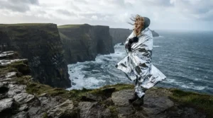 A walker sheltering against the wind with an emergency blanket for survival kit on a Cornish cliffside path.