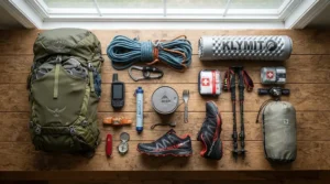 A flat lay arrangement showing an emergency blanket for survival kit alongside other outdoor safety essentials.