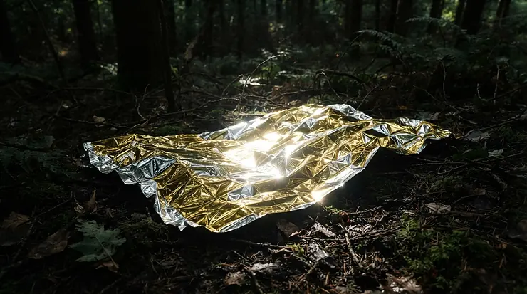 The reflective surface of an emergency blanket for survival kit catching torchlight in the dark.