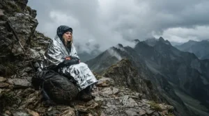 A hiker wrapping up in an emergency blanket for survival kit during a windy hike in the Scottish Highlands.
