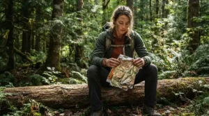 A bushcraft enthusiast laying out an emergency blanket for survival kit during a woodland training session.