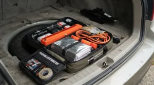 A detailed emergency blanket review featuring a foil survival blanket packed inside a winter car emergency kit.
