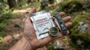 An emergency blanket review showing the tiny packed size of a mylar blanket compared to standard gear.