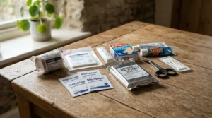 An emergency blanket review demonstrating how a foil survival blanket integrates into a standard first aid kit.