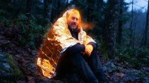 An emergency blanket review illustrating body heat retention properties of a foil survival blanket.