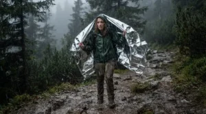An emergency blanket review illustration showing a foil survival blanket being tested outdoors against heavy rain.