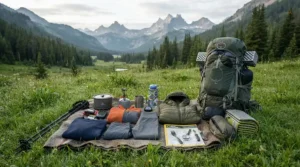 insulated camping blanket vs sleeping bag liner packed beside rucksacks for a wild camping trip in England