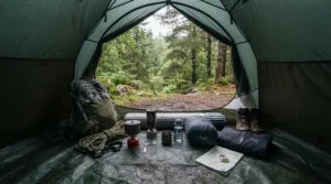 insulated camping blanket vs sleeping bag liner shown during damp weather camping in Snowdonia