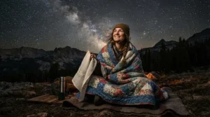 insulated camping blanket vs sleeping bag liner used outdoors for stargazing on a chilly British evening