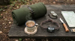 A budget-friendly camping gear flatlay highlighting top camping blankets