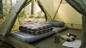 A budget outdoor kit featuring top camping blankets inside a small two-person tent