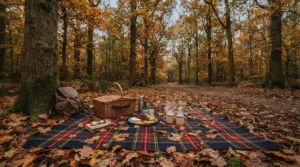 A cheap camping blanket spread across damp grass in a woodland clearing
