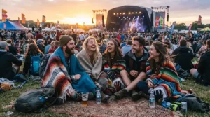 One of the top camping blankets draped over shoulders in a muddy festival field at dusk