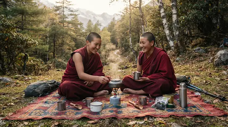 First-time campers sitting on top camping blankets by a portable stove