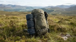 Top camping blankets rolled up and strapped to a rucksack on a misty hill trail