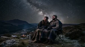 Top camping blankets wrapped around two people stargazing in dark sky country